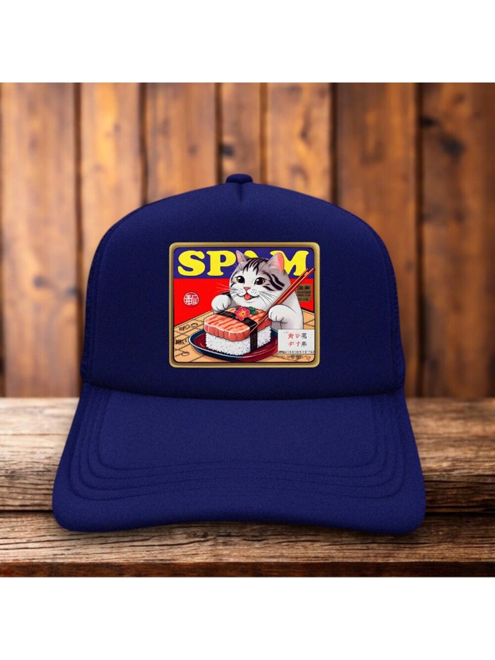 SPAM Cat Chopsticks Mens Trucker Hat Navy Snapback Japanese Sushi Parody Cap